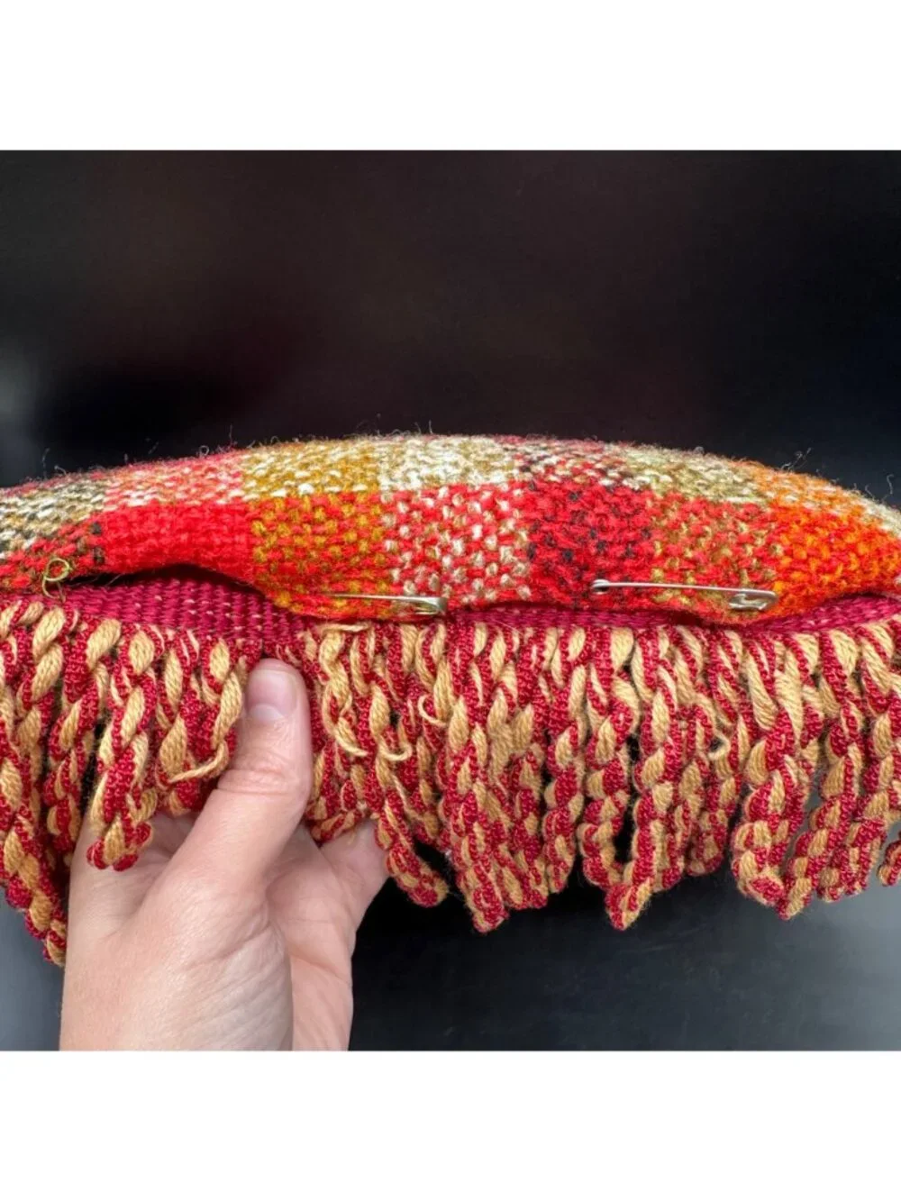 Vintage Plaid Throw Pillow 1970s Fringe Red Orange Brown Couch Cushion Retro